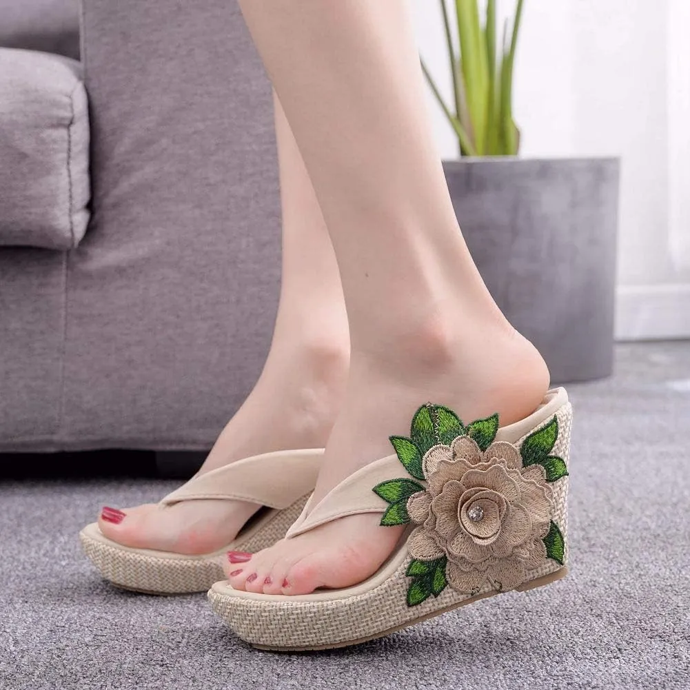 Ladies Flip Flop Sandals 9Cm Wedge Slippers Embroidered Flower Sandals Plus Size Platform Roman Sandals
