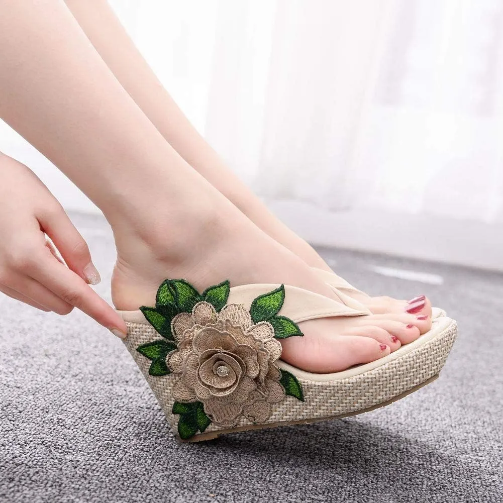 Ladies Flip Flop Sandals 9Cm Wedge Slippers Embroidered Flower Sandals Plus Size Platform Roman Sandals