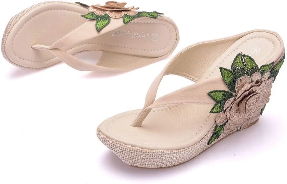 Ladies Flip Flop Sandals 9Cm Wedge Slippers Embroidered Flower Sandals Plus Size Platform Roman Sandals
