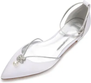Lady Elegant Pointed Toe Satin Dress Flats Shoes with Pearl and Crystals