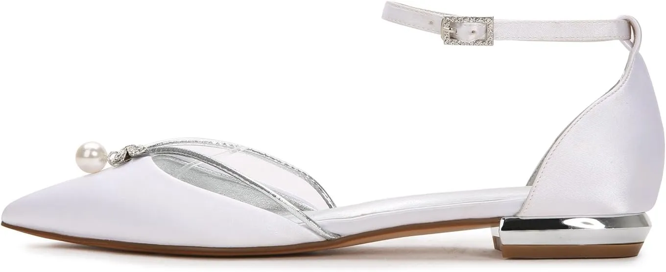 Lady Elegant Pointed Toe Satin Dress Flats Shoes with Pearl and Crystals