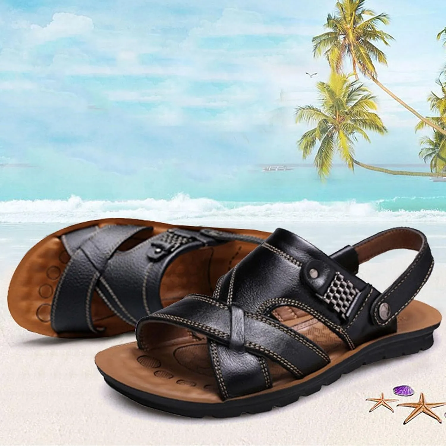 Leather Sandals for Men Outdoor Sports Sandals Breathable Orthopedic Sandals with Non-Slip Sole Comfortable Sandals