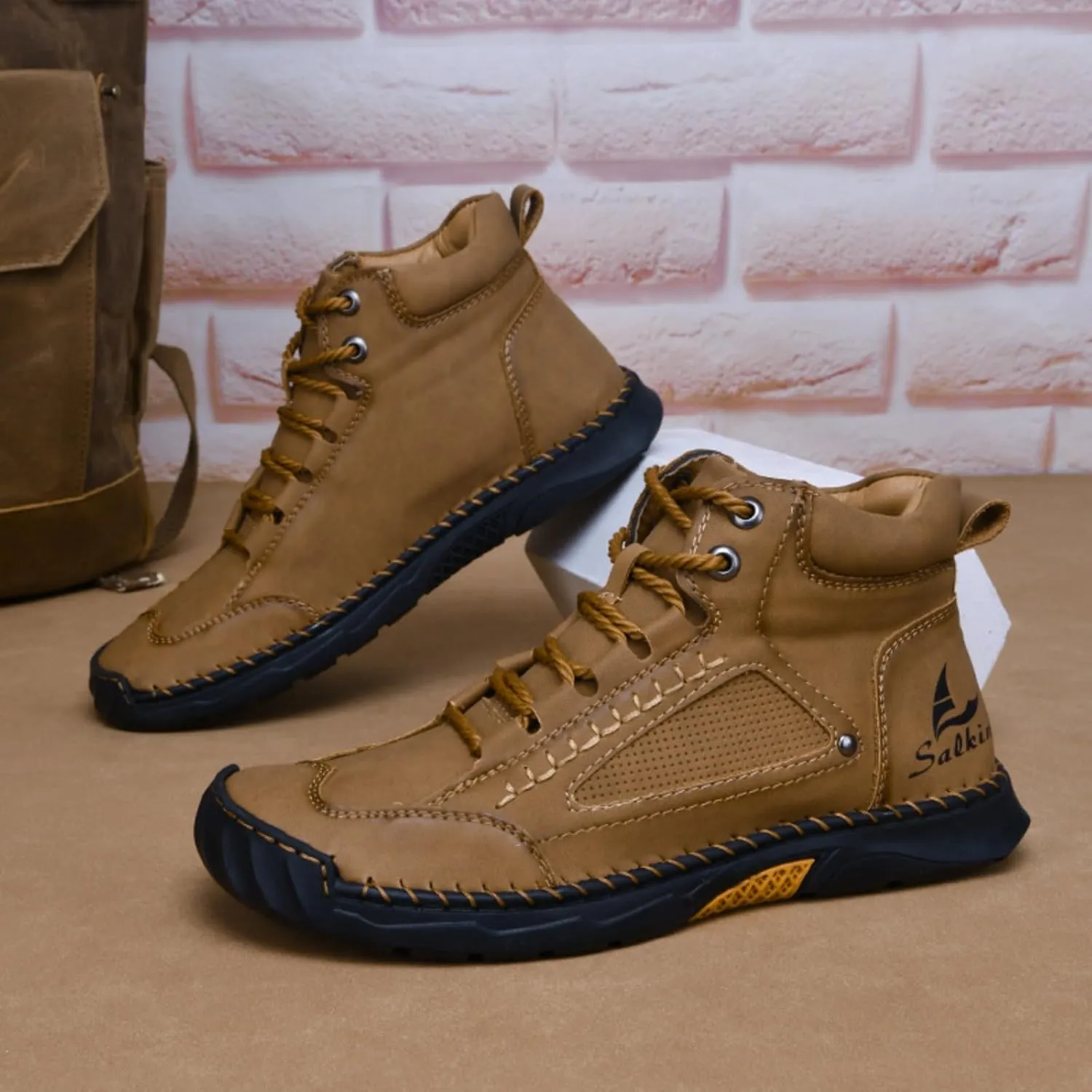 LELEBEAR Sawbehind Mens Boots Waterproof Leather Shoes, Comfortable Handmade Outdoor Boots with Arch Support and Non-Slip Rubber Sole