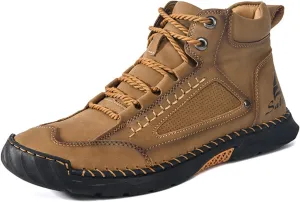 LELEBEAR Sawbehind Mens Boots Waterproof Leather Shoes, Comfortable Handmade Outdoor Boots with Arch Support and Non-Slip Rubber Sole
