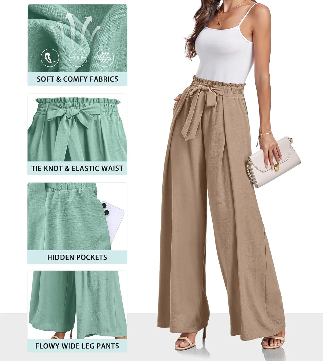 Lepunuo Wide Leg Pants for Women High Waisted Palazzo Pants Work Casual Flowy Tie Knot Trousers with Pockets