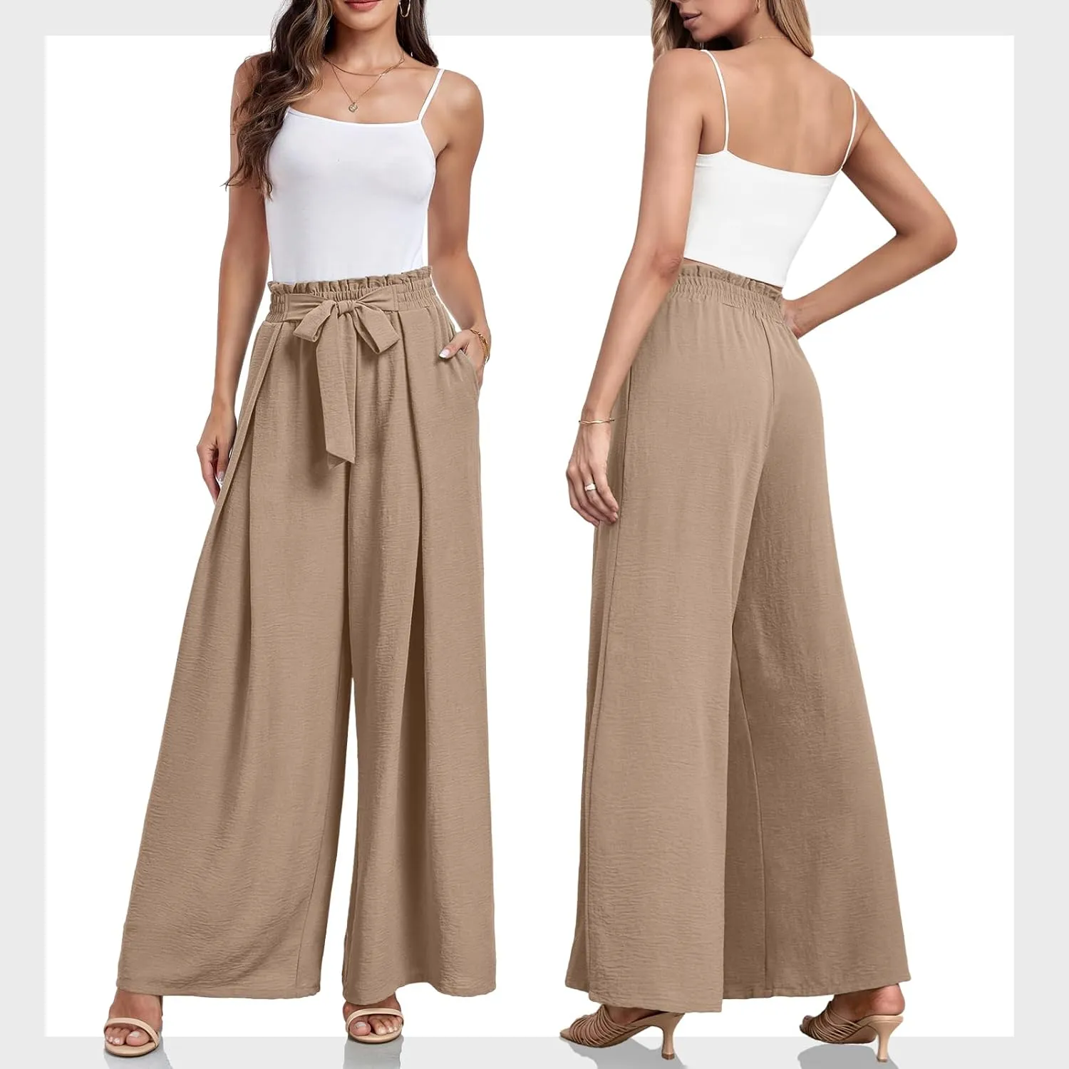 Lepunuo Wide Leg Pants for Women High Waisted Palazzo Pants Work Casual Flowy Tie Knot Trousers with Pockets