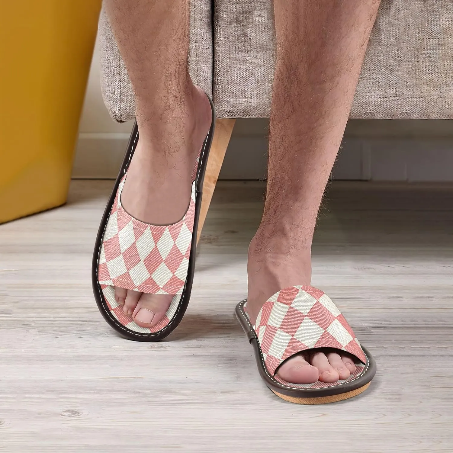 Light Coral Chessboard Men Women's Travel Slippers Reusable Slides Sandals for Bedroom Outdoor Bedroom
