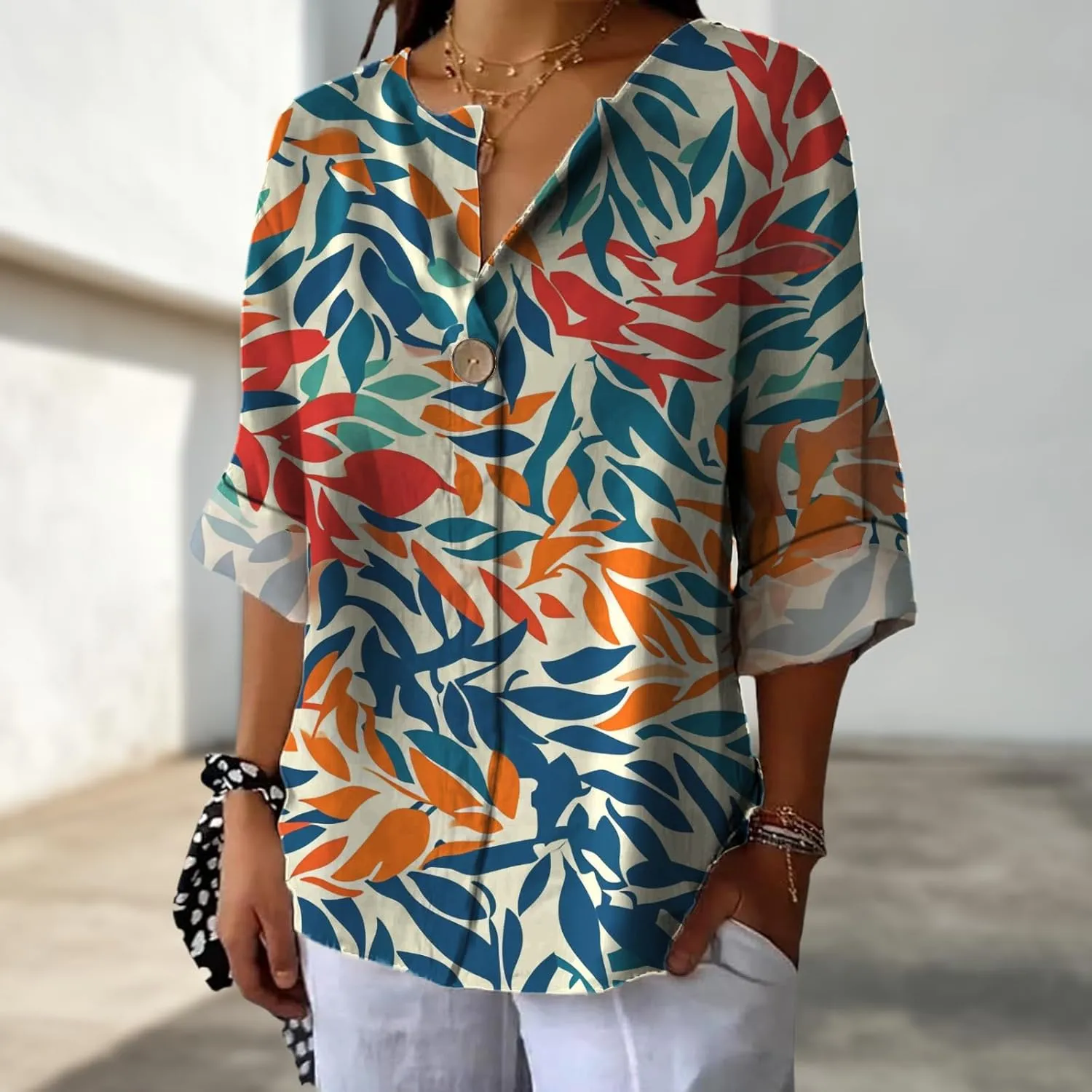 Long Sleeve Shirts for Women V Neck Button Boho Graphic Blouses Casual Collared Fashion Summer Flowing Tops