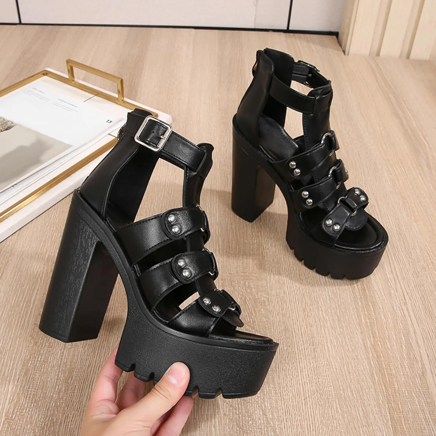 Lossarye Women's Chunky High Heel Platform Gladiator Sandals Open Toe Back Zipper Comfortable Gladiator Rome Sandals Summer Dress Sandals