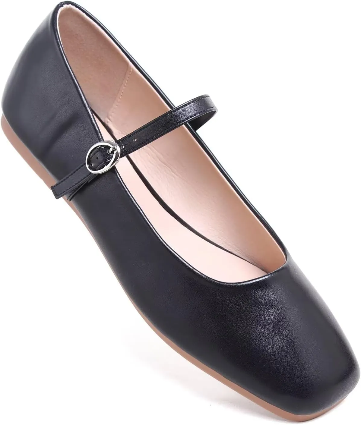 LUXINYU Leather Mary Jane Shoes for Women Dressy Square Toe Ankle Strap Ballet Shoes Comfortable Flats