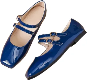 LUXINYU Mary Jane Flats for Women Dressy Retro Square Toe Ankle Strap Ballet Flats Comfortable Patent Leather Shoes