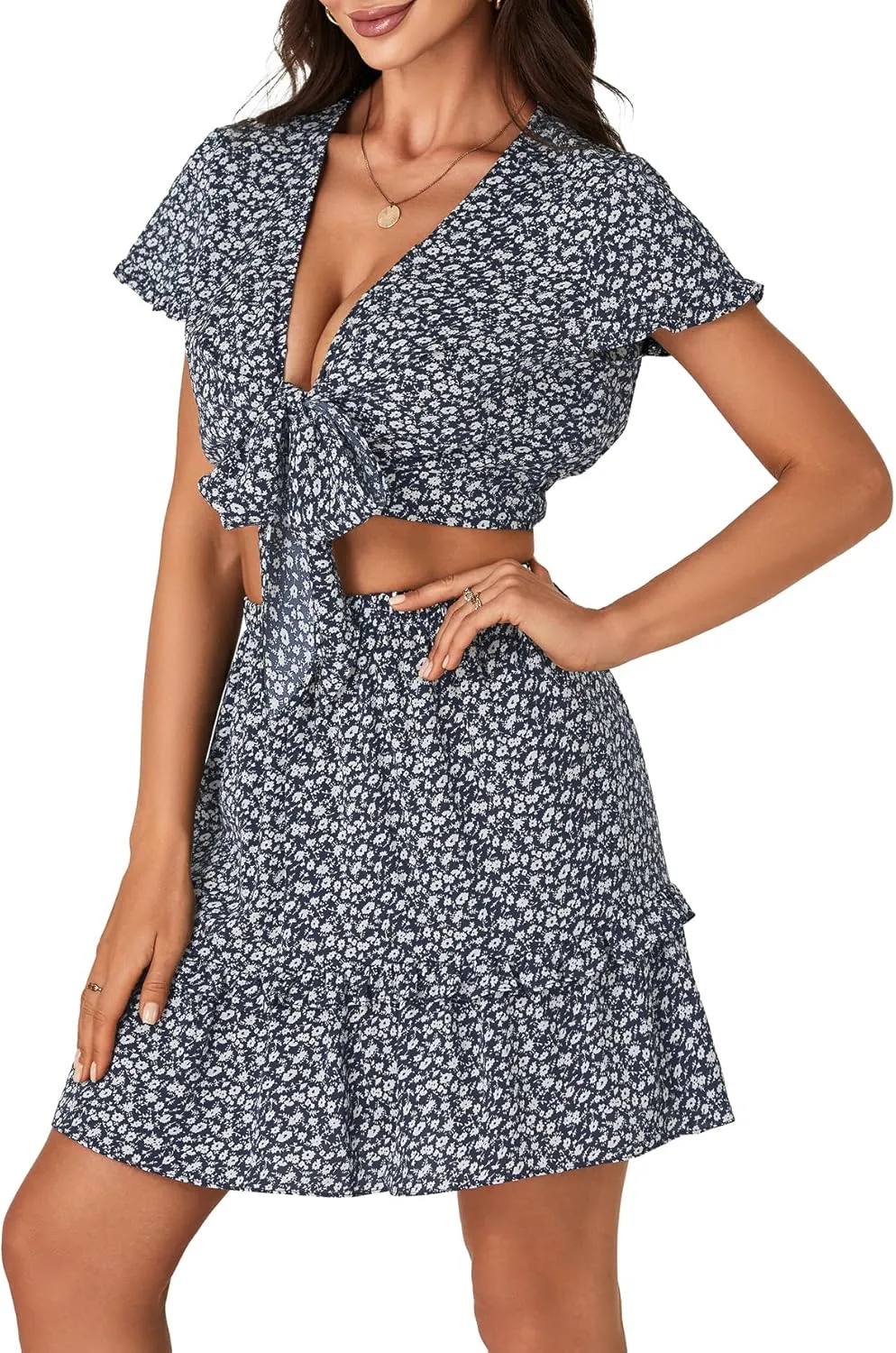 LYANER Women's Floral 2 Piece Outfits Tie Front V Neck Short Sleeve Crop Tops Ruffle Layer A-Line Mini Skirt Sets