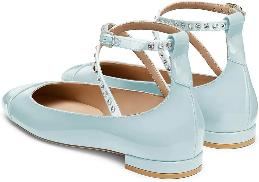 Maiyang Women Lovely Round Cap Toe Rhinestone Strappy Mary Jane Pumps Cross Ankle Strap Low Heel Ballroom Party Dress Ballet Flats Size 4-16 US