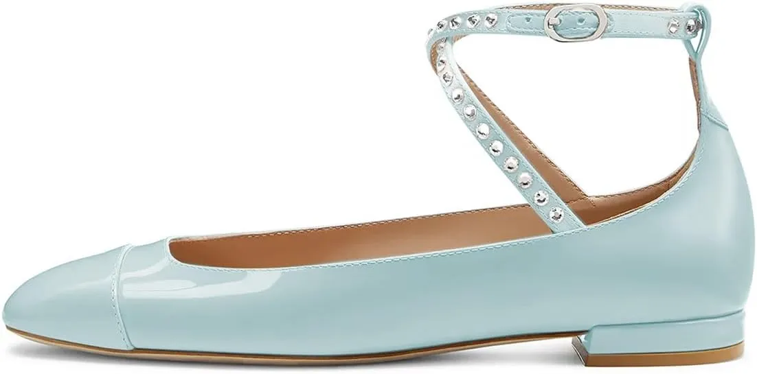 Maiyang Women Lovely Round Cap Toe Rhinestone Strappy Mary Jane Pumps Cross Ankle Strap Low Heel Ballroom Party Dress Ballet Flats Size 4-16 US