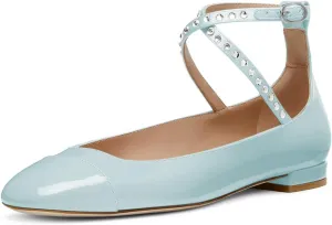 Maiyang Women Lovely Round Cap Toe Rhinestone Strappy Mary Jane Pumps Cross Ankle Strap Low Heel Ballroom Party Dress Ballet Flats Size 4-16 US