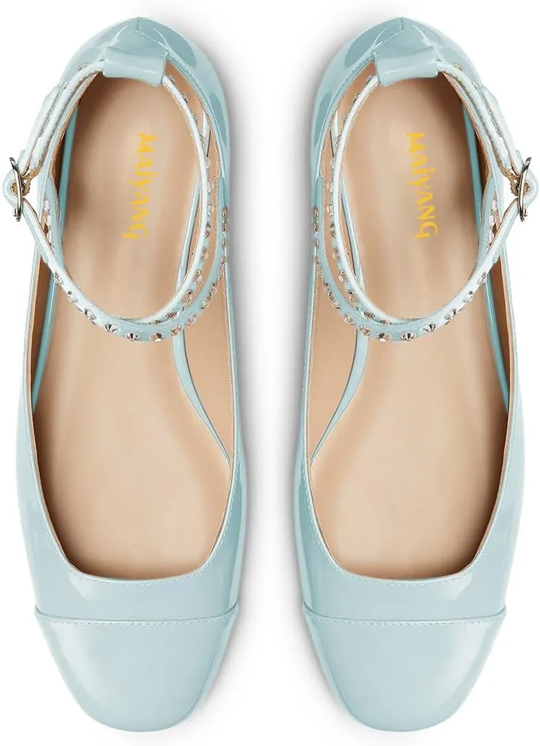 Maiyang Women Lovely Round Cap Toe Rhinestone Strappy Mary Jane Pumps Cross Ankle Strap Low Heel Ballroom Party Dress Ballet Flats Size 4-16 US