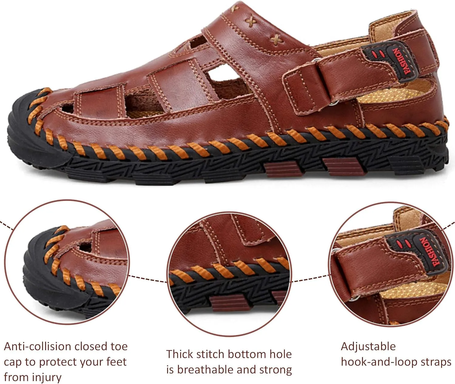 MAIZUN Mens Leather Sandals Closed Toe Summer Outdoor Fisherman Sandal Adjustable Breathable Sport Sandals