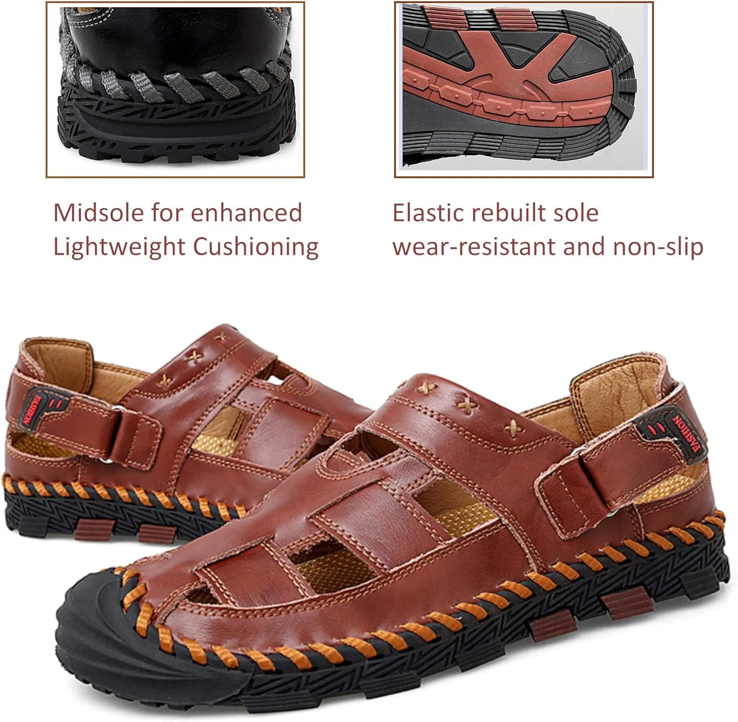 MAIZUN Mens Leather Sandals Closed Toe Summer Outdoor Fisherman Sandal Adjustable Breathable Sport Sandals