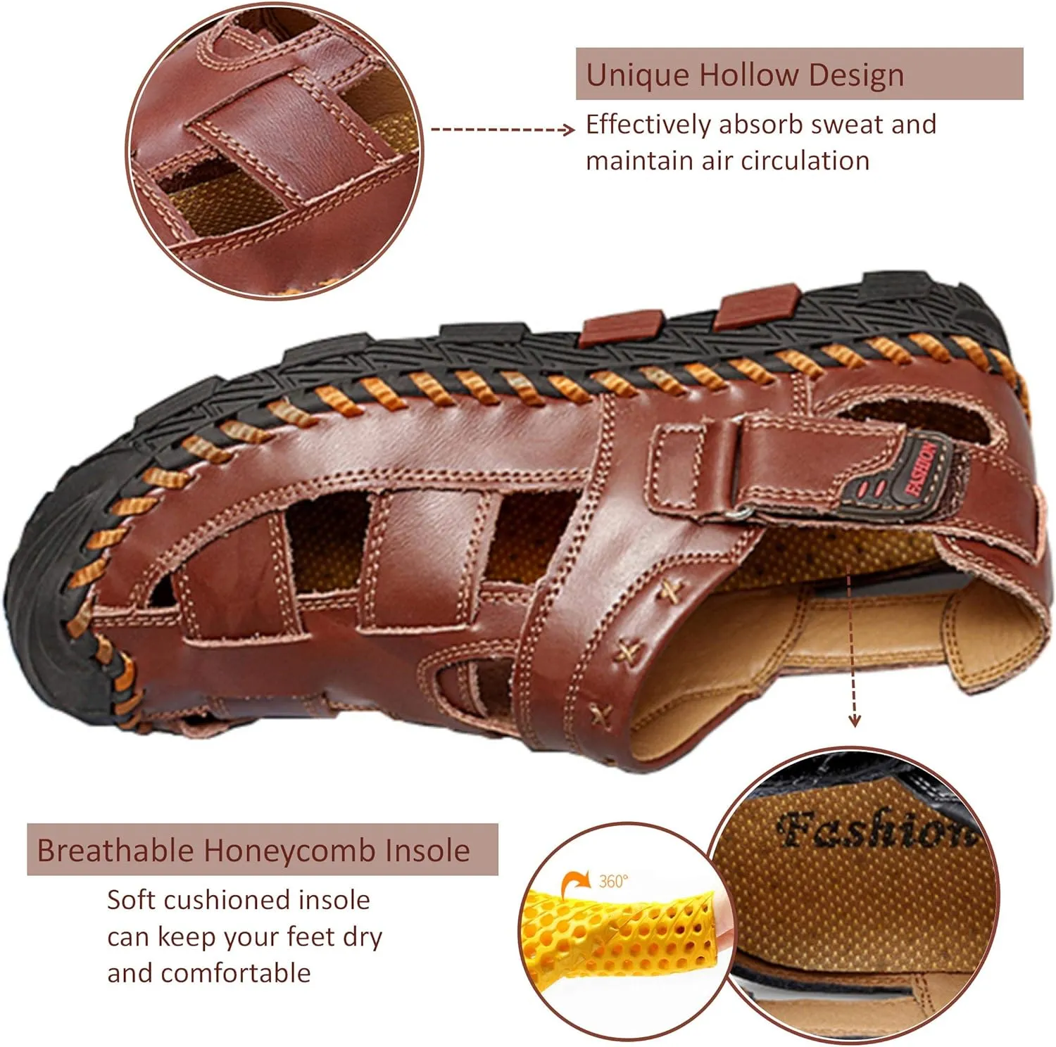 MAIZUN Mens Leather Sandals Closed Toe Summer Outdoor Fisherman Sandal Adjustable Breathable Sport Sandals