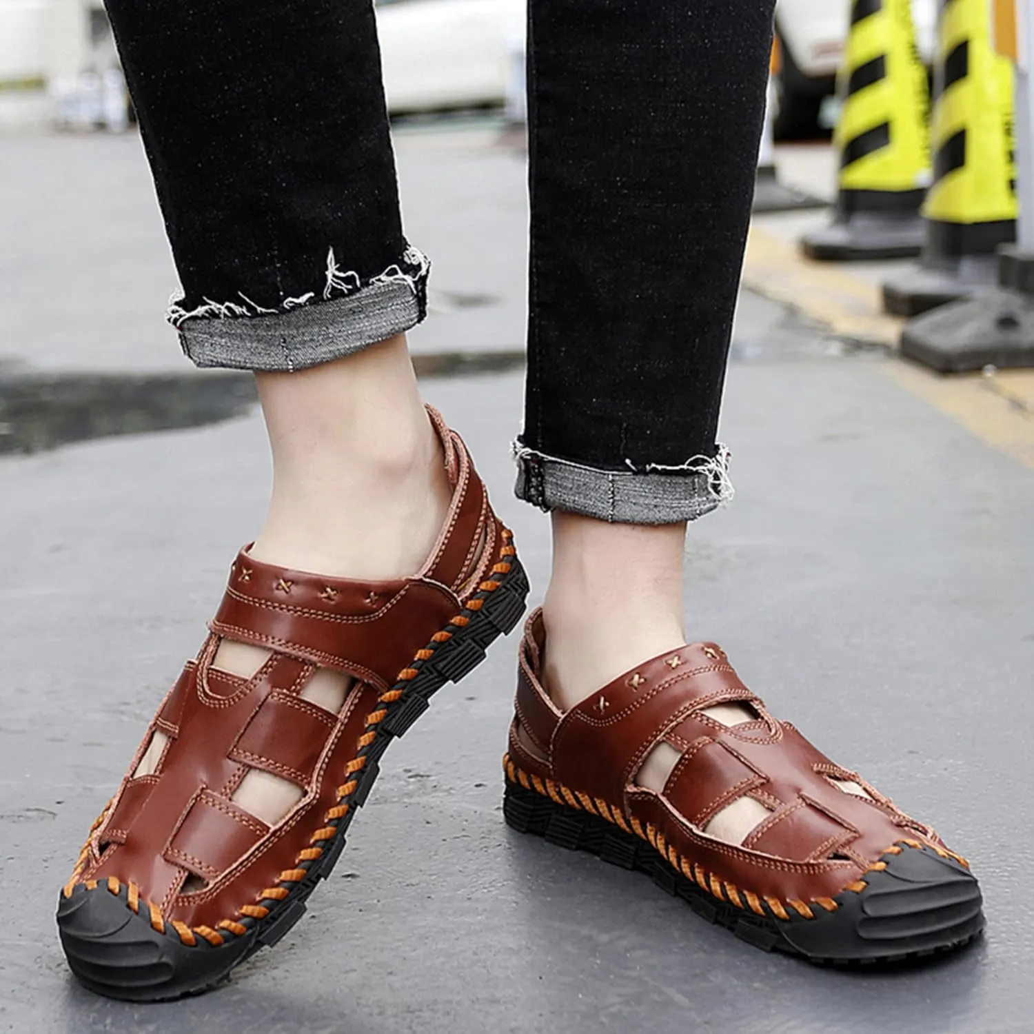 MAIZUN Mens Leather Sandals Closed Toe Summer Outdoor Fisherman Sandal Adjustable Breathable Sport Sandals