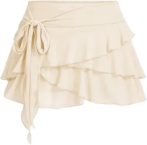 MakeMeChic Women's Y2K Sheer Mesh Mini Skirt Ruffle Hem Drop Waist Layered Tie Side Short Skirts