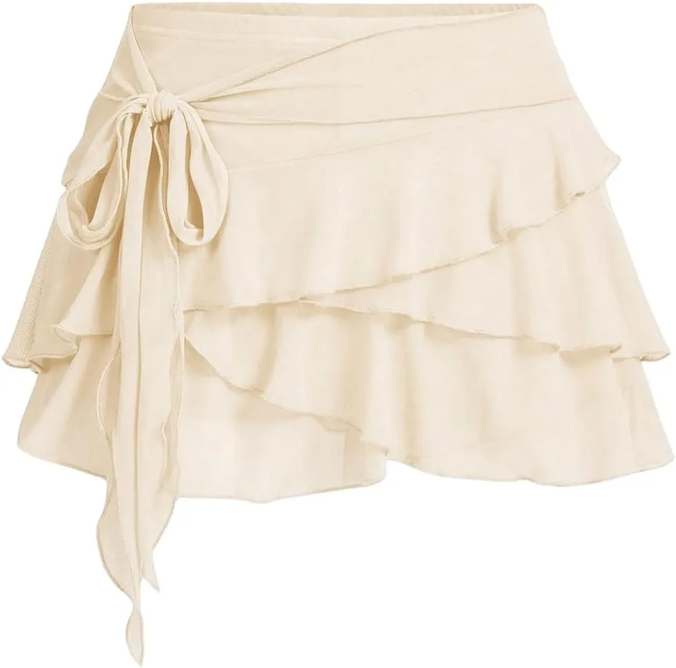 MakeMeChic Women's Y2K Sheer Mesh Mini Skirt Ruffle Hem Drop Waist Layered Tie Side Short Skirts