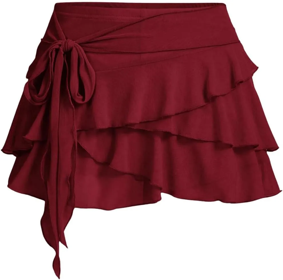 MakeMeChic Women's Y2K Sheer Mesh Mini Skirt Ruffle Hem Drop Waist Layered Tie Side Short Skirts