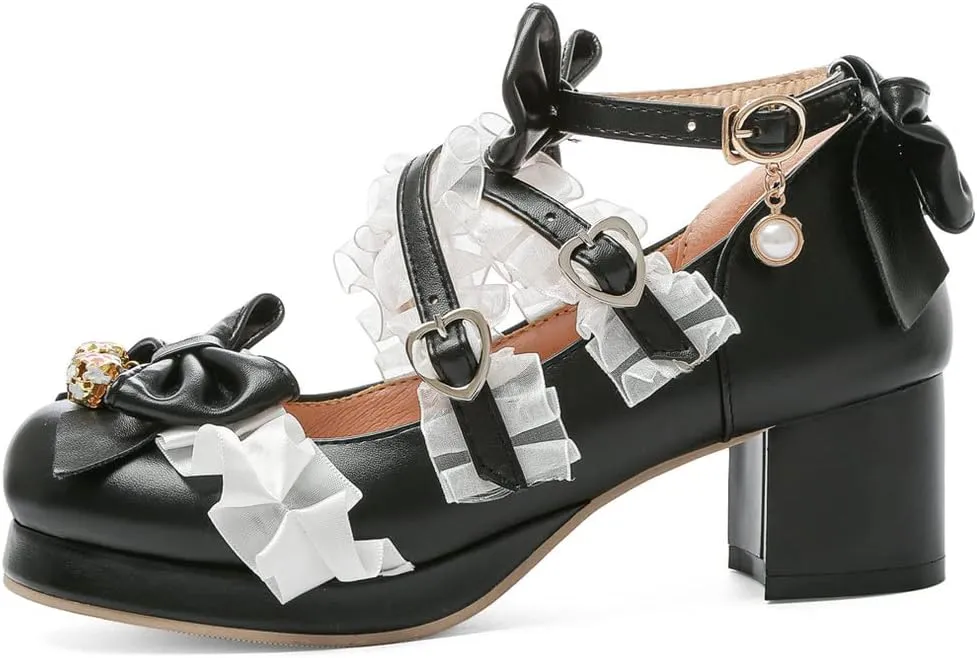 Meefit Women Cute Mary Janes Lolita Shoes Bow Chunky Heel Platform Strappy Pumps