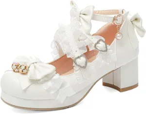 Meefit Women Cute Mary Janes Lolita Shoes Bow Chunky Heel Platform Strappy Pumps