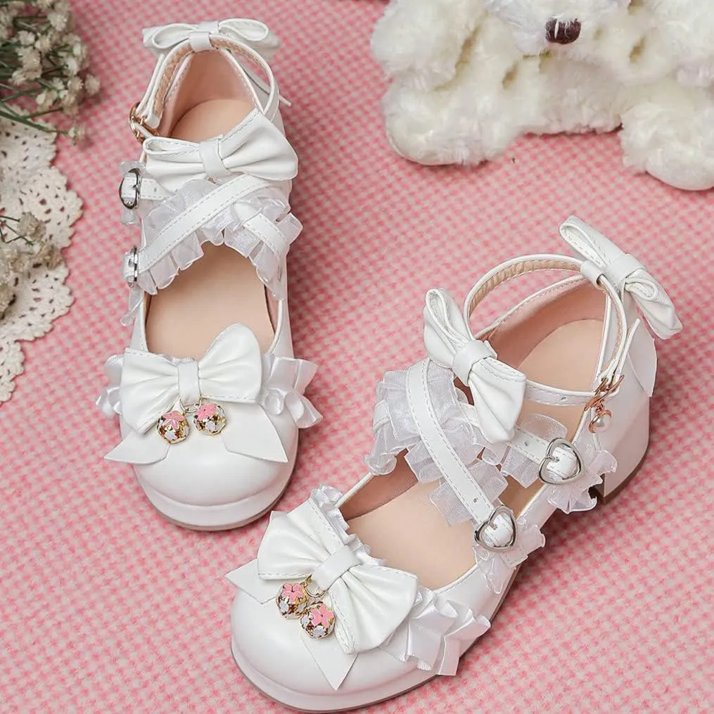 Meefit Women Cute Mary Janes Lolita Shoes Bow Chunky Heel Platform Strappy Pumps