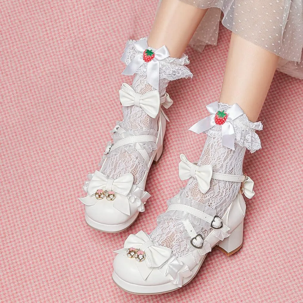 Meefit Women Cute Mary Janes Lolita Shoes Bow Chunky Heel Platform Strappy Pumps