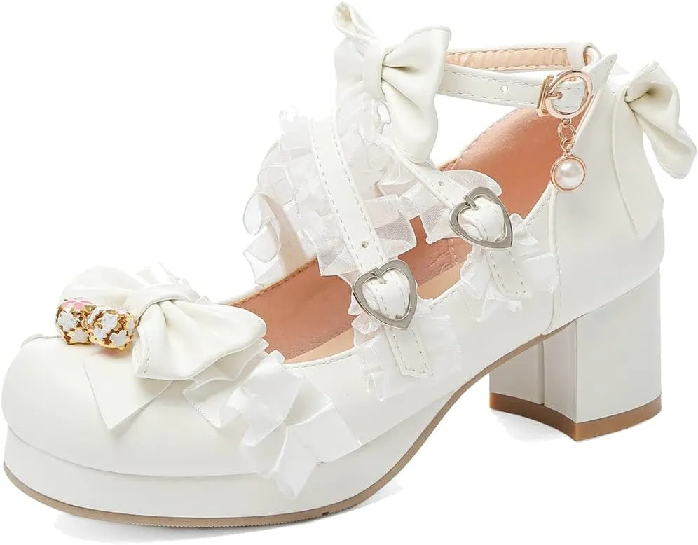Meefit Women Cute Mary Janes Lolita Shoes Bow Chunky Heel Platform Strappy Pumps