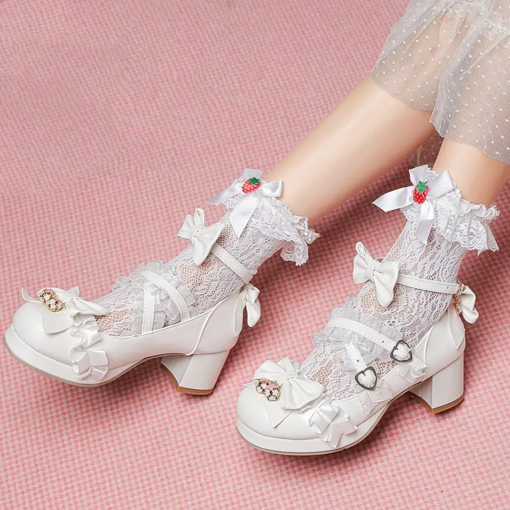 Meefit Women Cute Mary Janes Lolita Shoes Bow Chunky Heel Platform Strappy Pumps