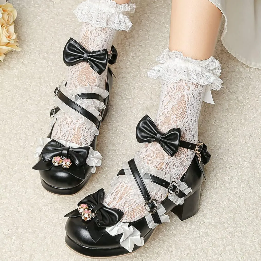 Meefit Women Cute Mary Janes Lolita Shoes Bow Chunky Heel Platform Strappy Pumps