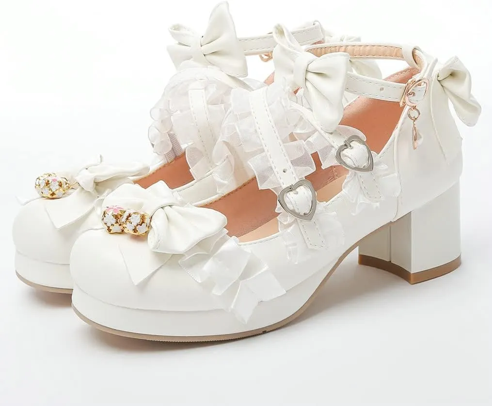 Meefit Women Cute Mary Janes Lolita Shoes Bow Chunky Heel Platform Strappy Pumps