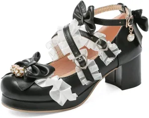 Meefit Women Cute Mary Janes Lolita Shoes Bow Chunky Heel Platform Strappy Pumps