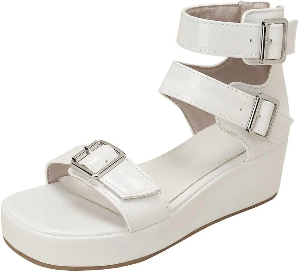 Meefit Women Patent Platform Wedge Sandals Open Toe Ankle Strap High Heel Sandals