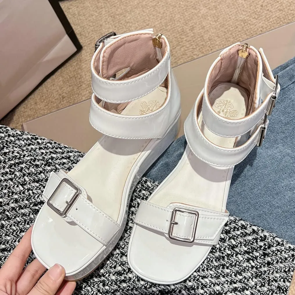 Meefit Women Patent Platform Wedge Sandals Open Toe Ankle Strap High Heel Sandals