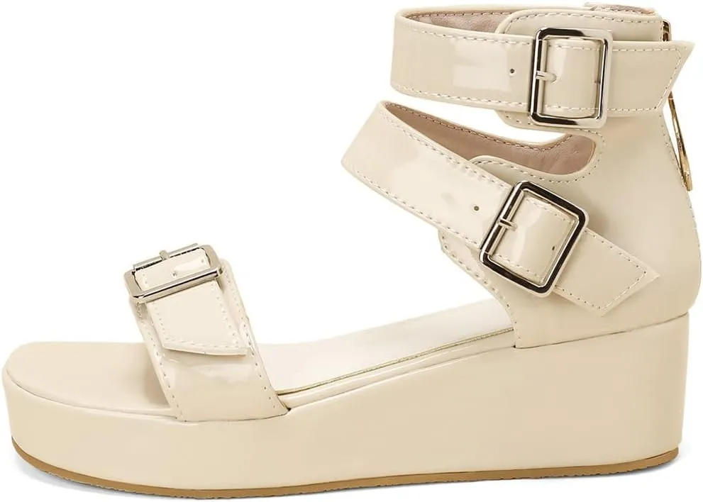 Meefit Women Patent Platform Wedge Sandals Open Toe Ankle Strap High Heel Sandals
