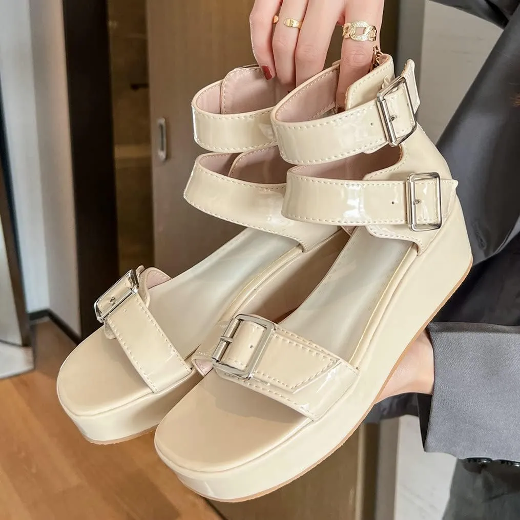 Meefit Women Patent Platform Wedge Sandals Open Toe Ankle Strap High Heel Sandals