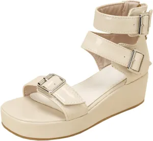 Meefit Women Patent Platform Wedge Sandals Open Toe Ankle Strap High Heel Sandals