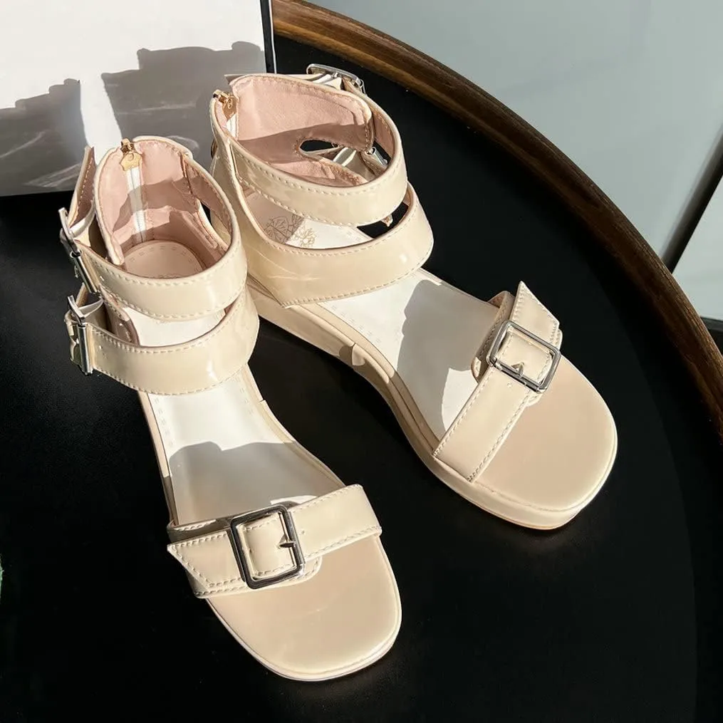 Meefit Women Patent Platform Wedge Sandals Open Toe Ankle Strap High Heel Sandals