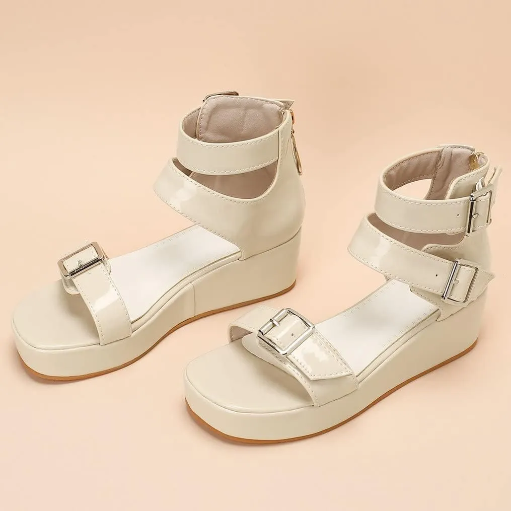 Meefit Women Patent Platform Wedge Sandals Open Toe Ankle Strap High Heel Sandals