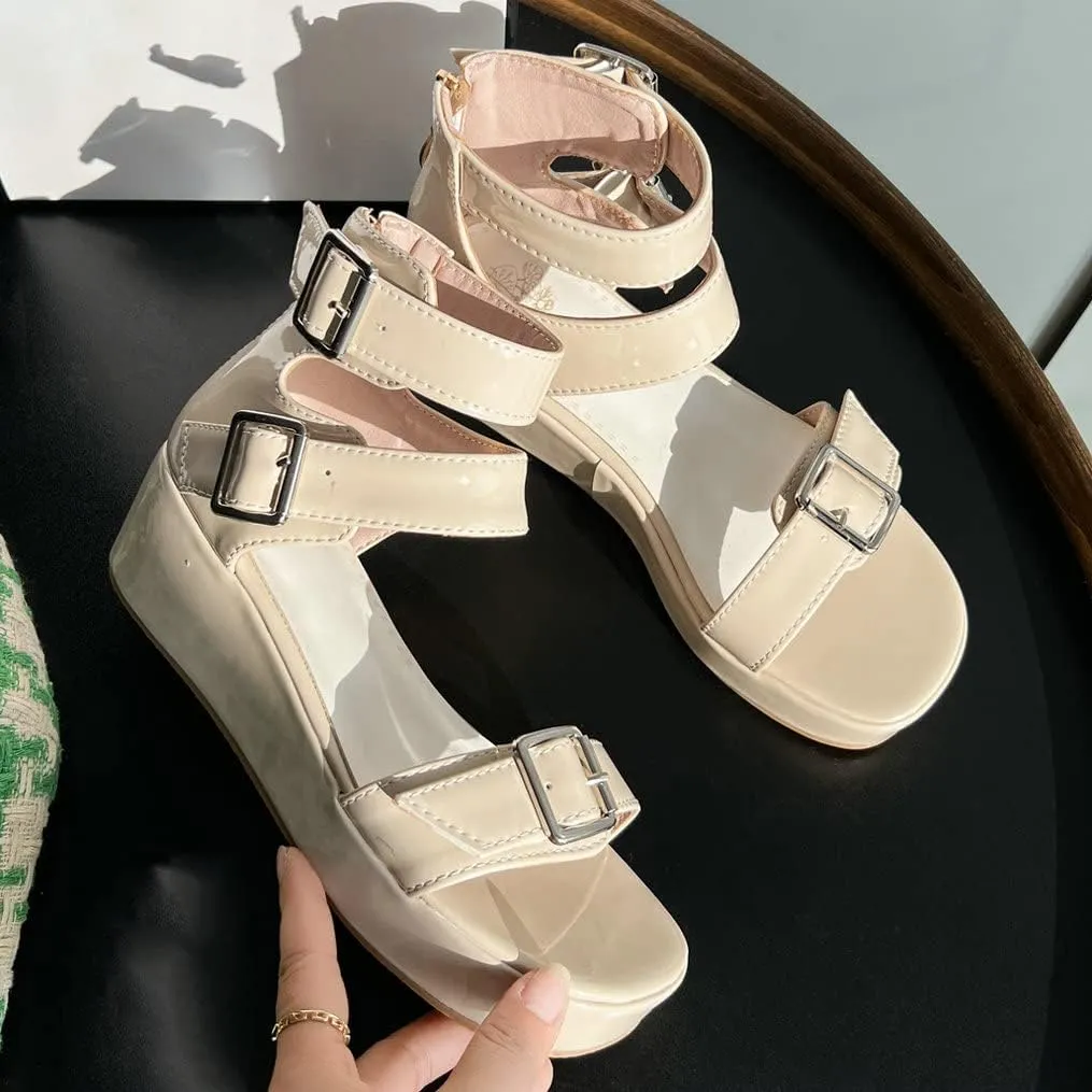 Meefit Women Patent Platform Wedge Sandals Open Toe Ankle Strap High Heel Sandals
