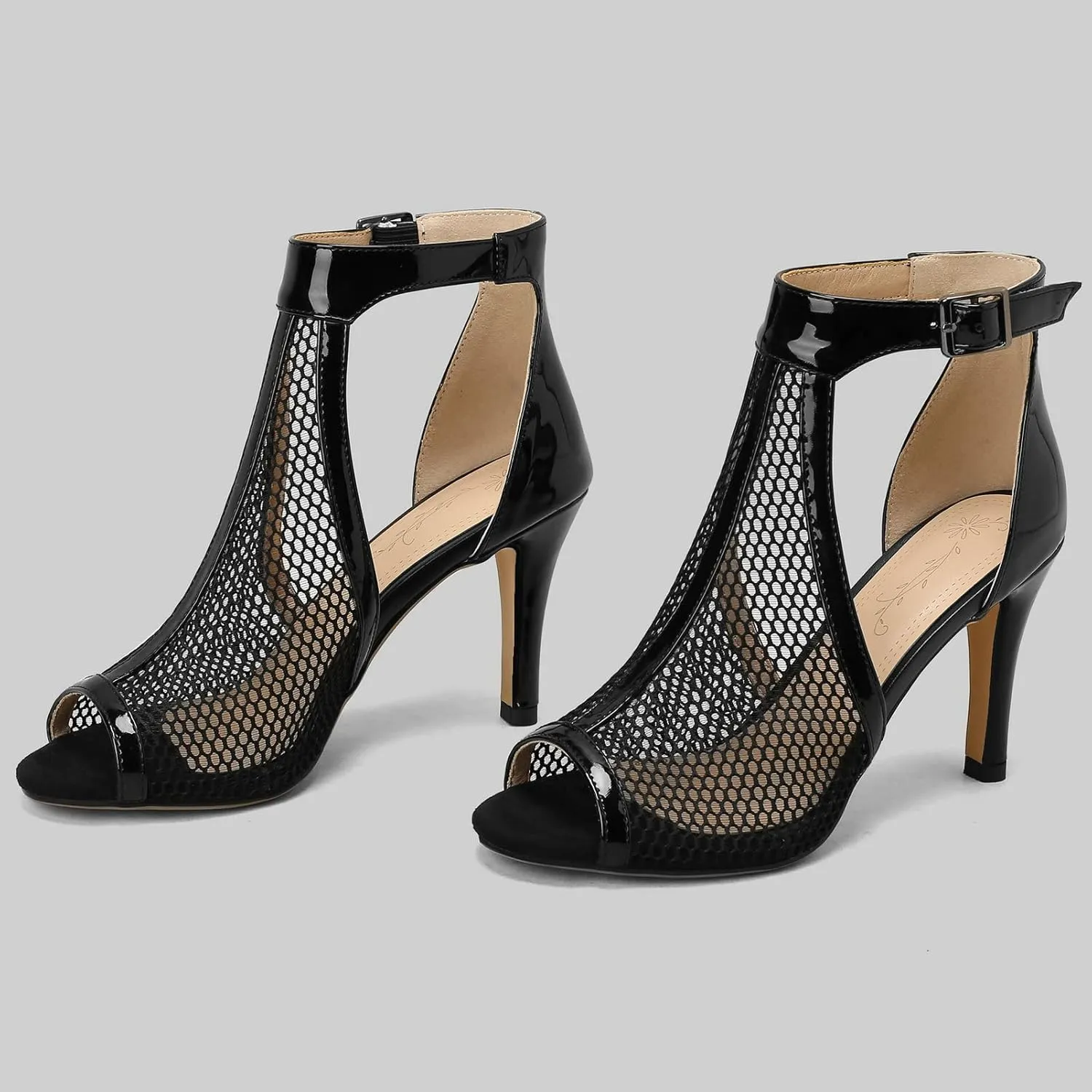Meefit Women Peep Toe Stiletto Booties Patent Leather High Heels Perforated Sandals Gladiator Summer Boots