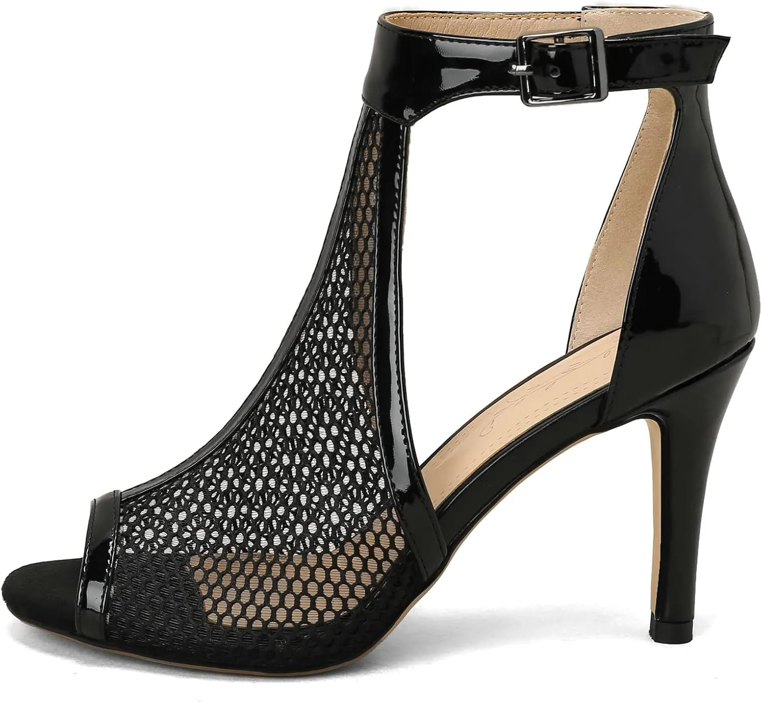 Meefit Women Peep Toe Stiletto Booties Patent Leather High Heels Perforated Sandals Gladiator Summer Boots