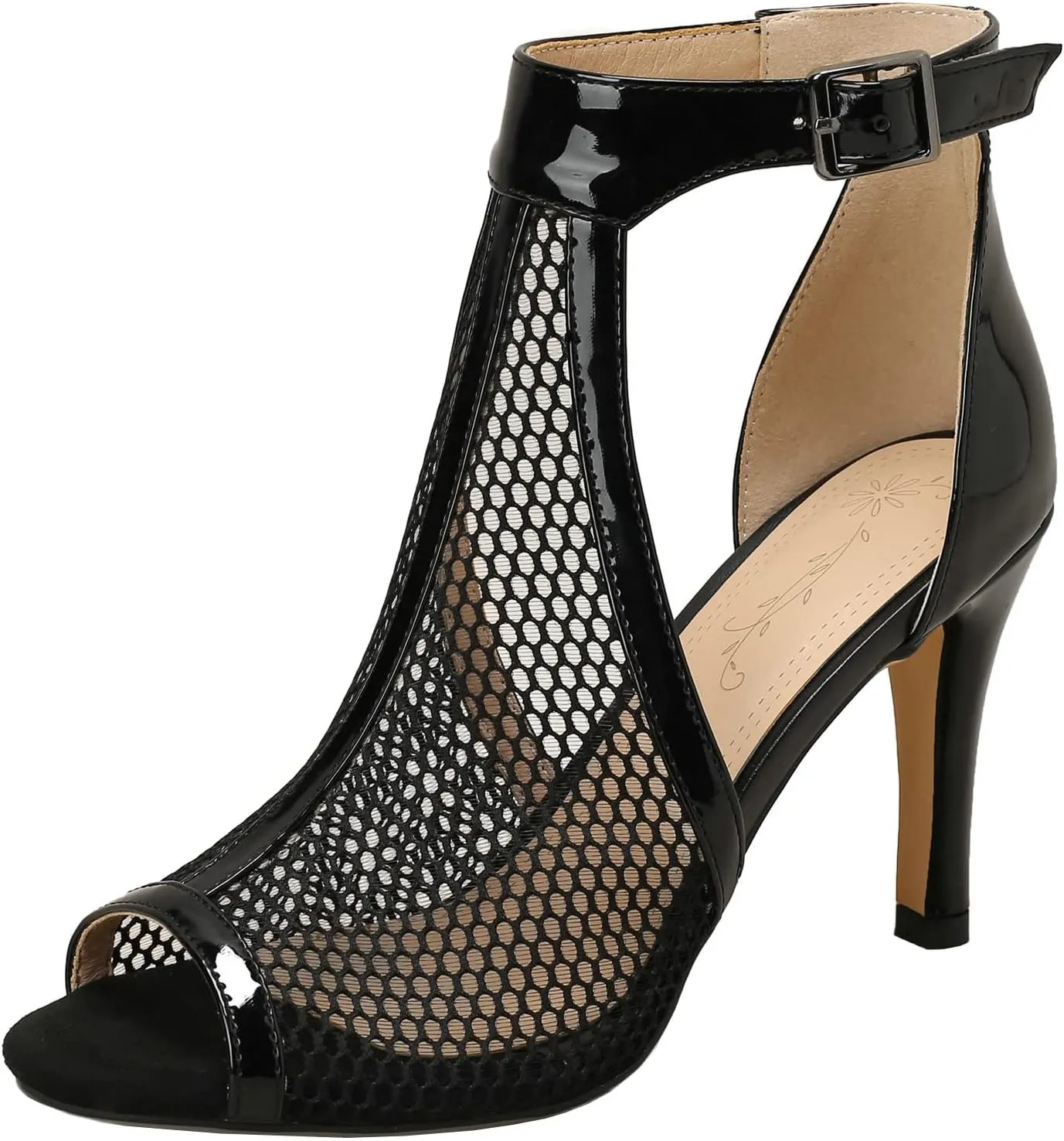 Meefit Women Peep Toe Stiletto Booties Patent Leather High Heels Perforated Sandals Gladiator Summer Boots