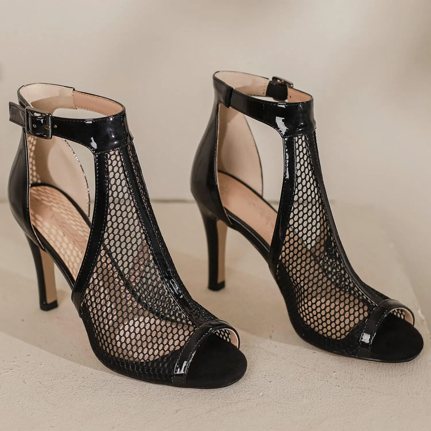 Meefit Women Peep Toe Stiletto Booties Patent Leather High Heels Perforated Sandals Gladiator Summer Boots
