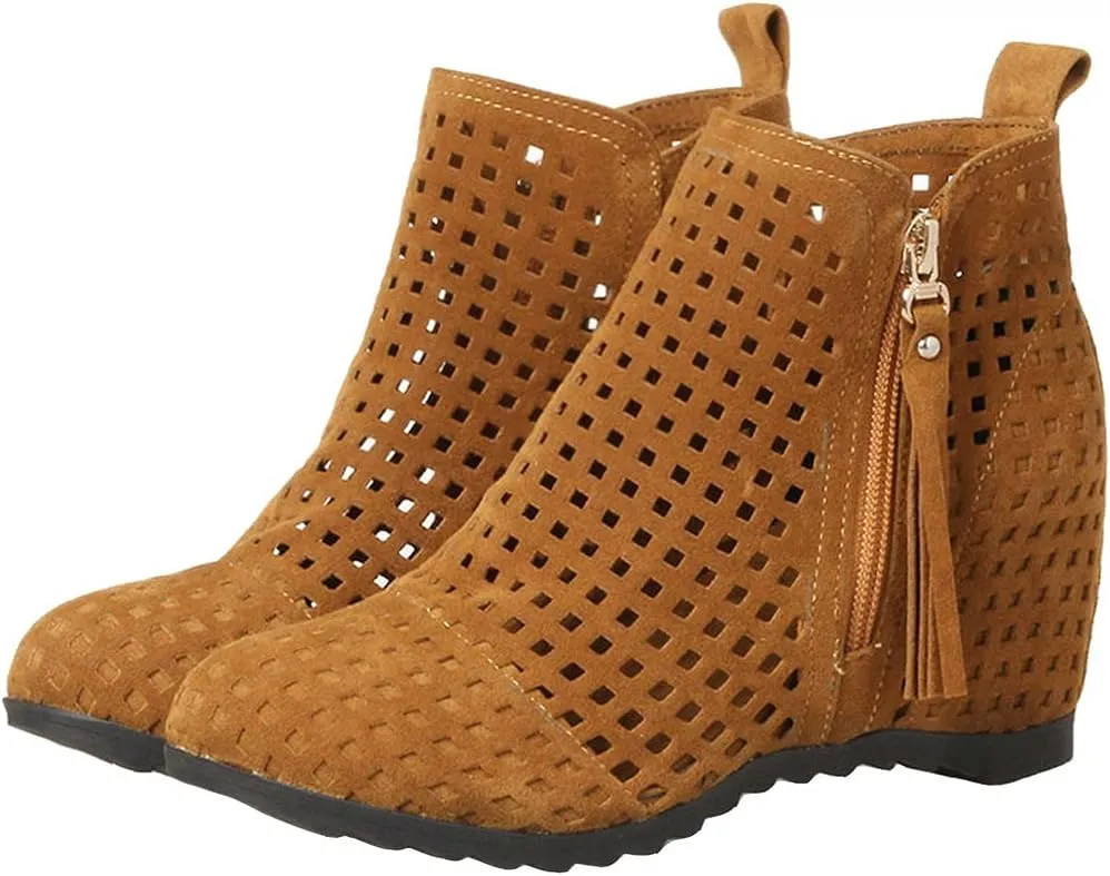 Meefit Women Perforated Boots High Heels Cutout Ankle Boots Summer Wedge Booties