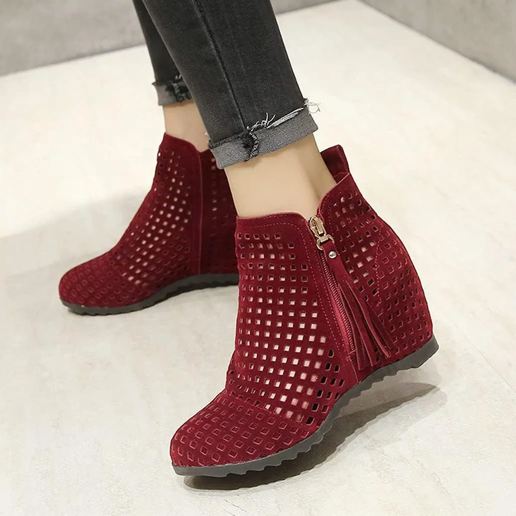 Meefit Women Perforated Boots High Heels Cutout Ankle Boots Summer Wedge Booties